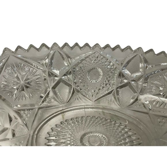 Antique American Nucut Glass Oval Bowl Dish SawTooth Rim Hobstar Vintage - Picture 3 of 10